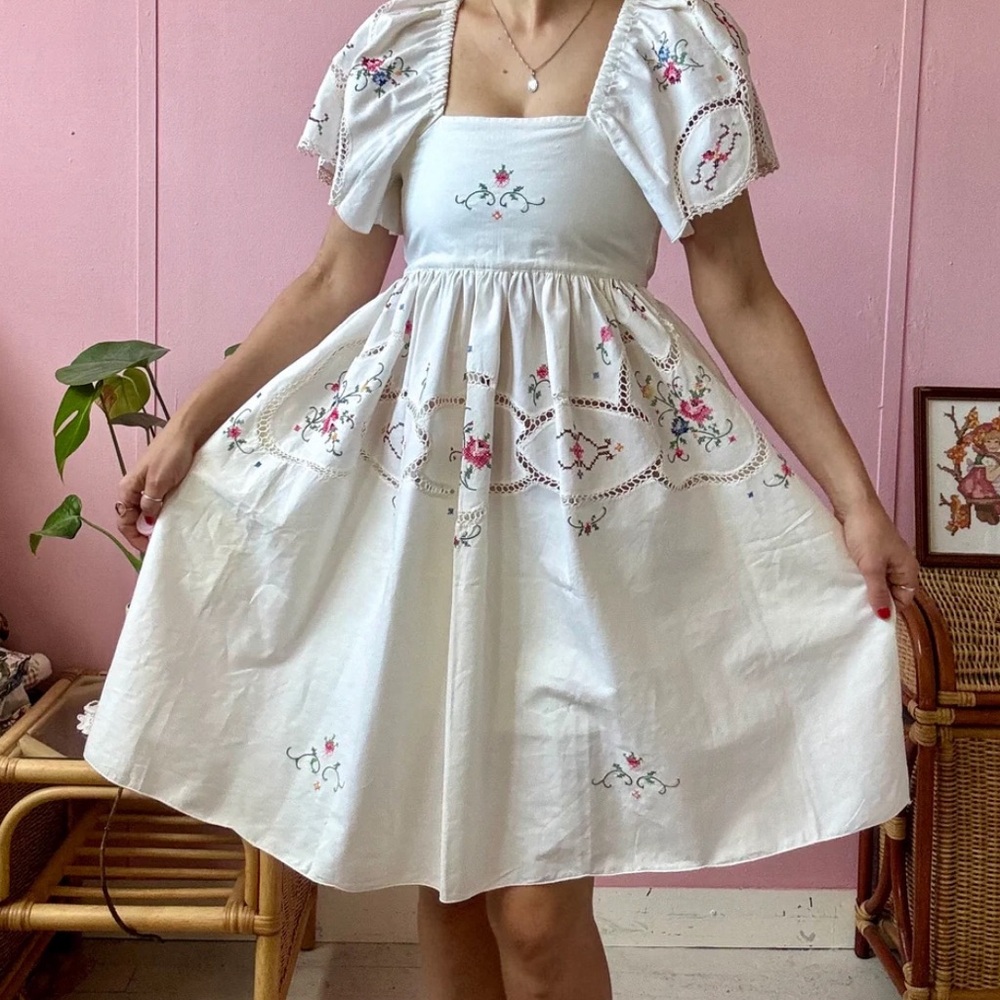 Cotton dress made from vintage cotton tablecloth